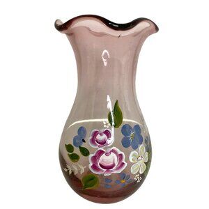 Fenton for Teleflora Hand-Painted Amethyst Glass Flower Vase With Ruffled Edge